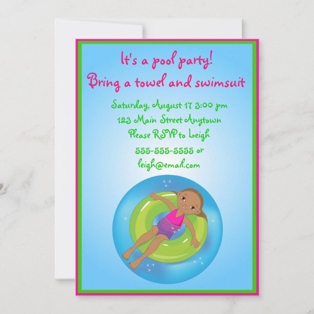 Invitation d'anniversaire de piscine de fille (Devant)
