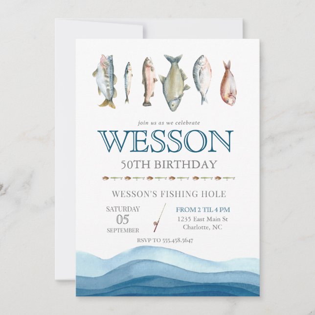 Invitation d'anniversaire de poisson, pêche Homme  (Devant)