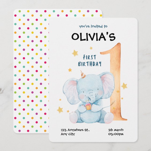 Invitation d'anniversaire de premier éléphant à l' (Devant / Derrière)