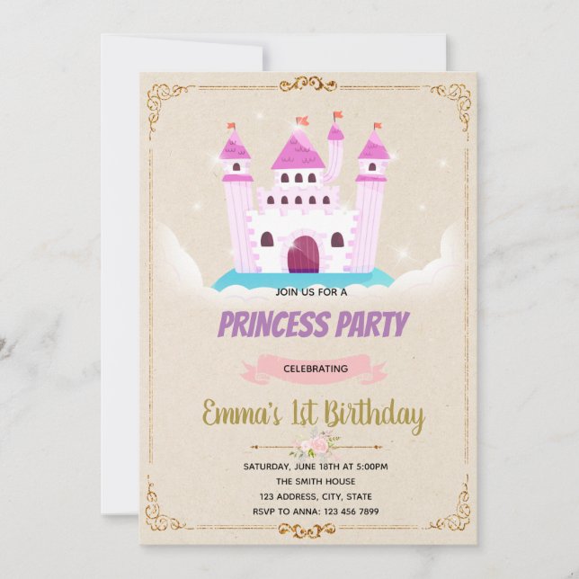 Invitation d'anniversaire de princesse de château  (Devant)
