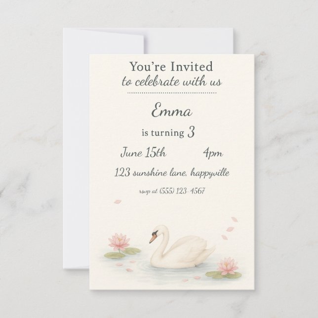 Invitation d'anniversaire de princesse de cygne (Devant)