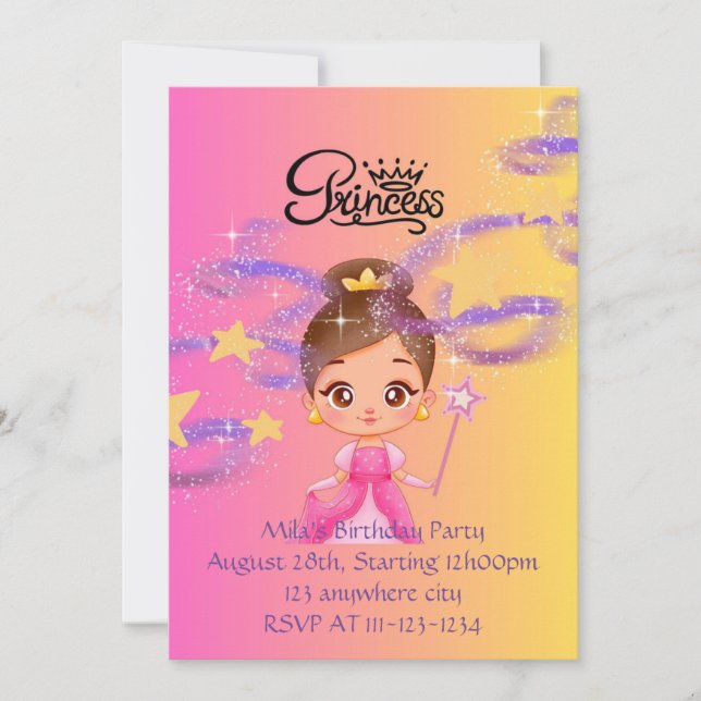 Invitation d'anniversaire de princesse rose (Devant)