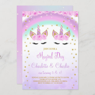 Invitation d'anniversaire de Purple Twins Unicorn