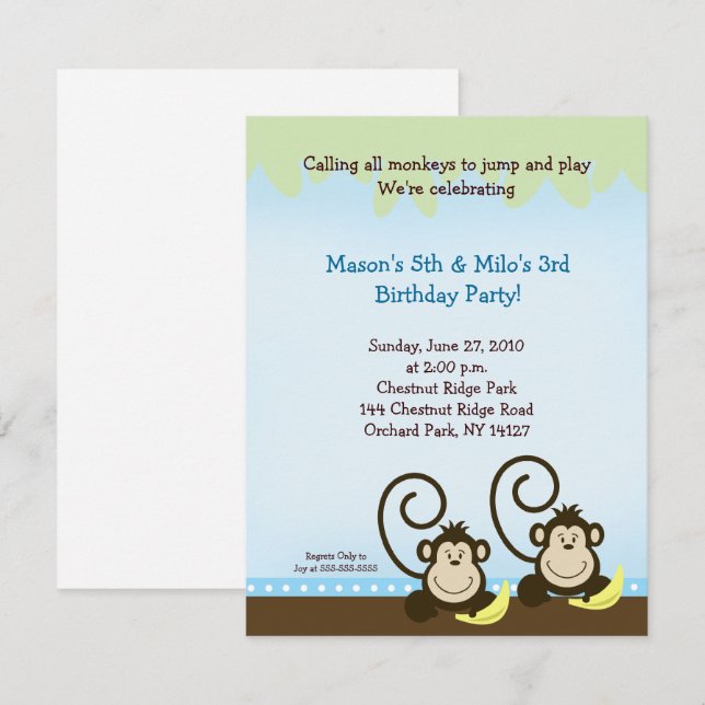 Invitation d'anniversaire de singe jumeau (Invitat (Devant / Derrière)