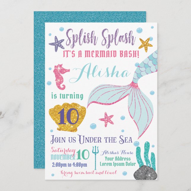 Invitation d'anniversaire de Sirène (Devant / Derrière)