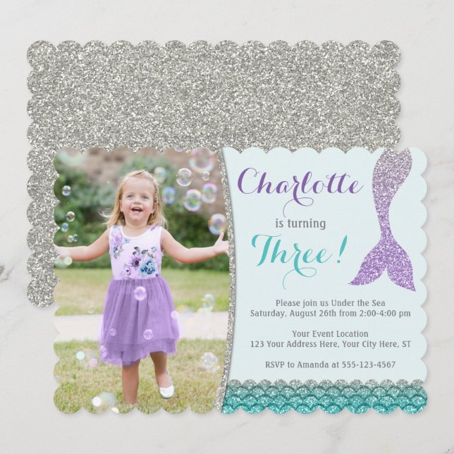 Invitation d'anniversaire de Sirène avec photo (Devant / Derrière)