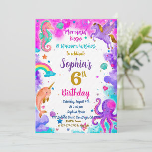Invitation d'anniversaire de sirène et de licorne