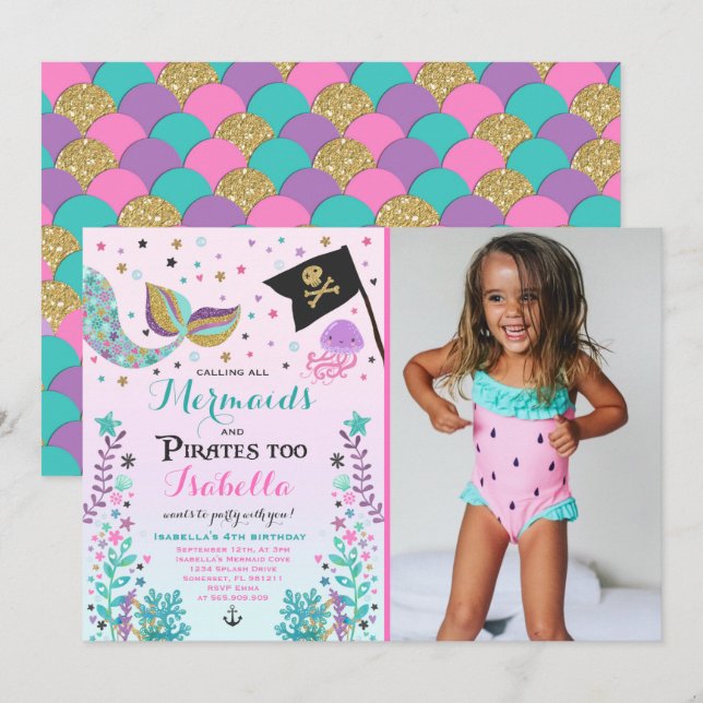 Invitation d'anniversaire de sirène et de pirate (Devant / Derrière)