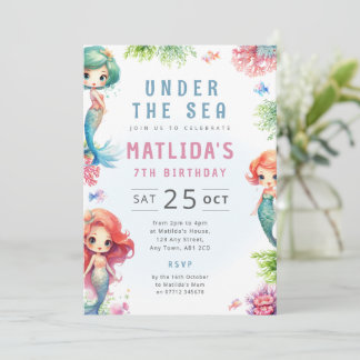 Invitation d'anniversaire de sirène mignonne sous