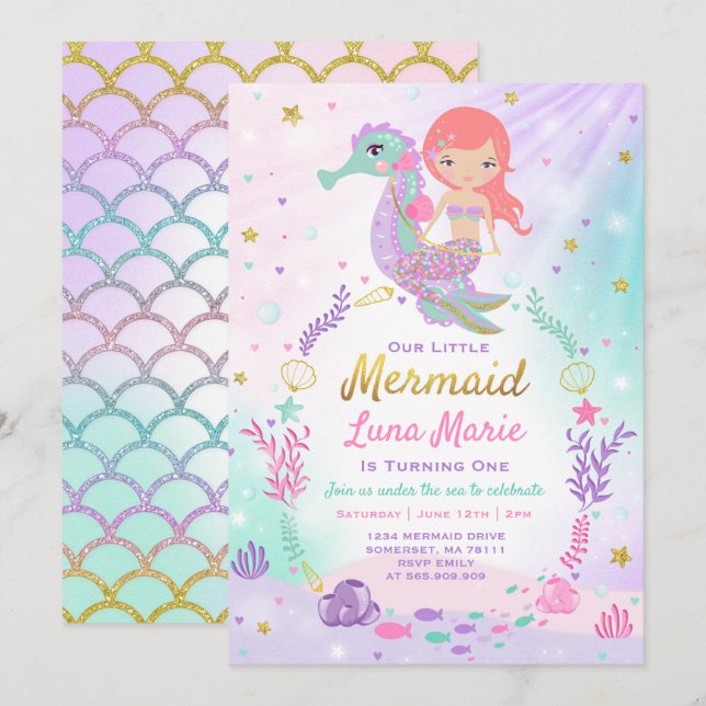 Invitation D'Anniversaire De Sirène Sous La Fête D (Devant / Derrière)