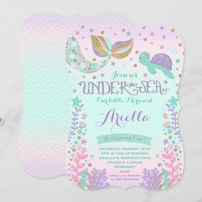 Invitation D'Anniversaire De Sirène Sous La Fête D (Devant / Derrière)