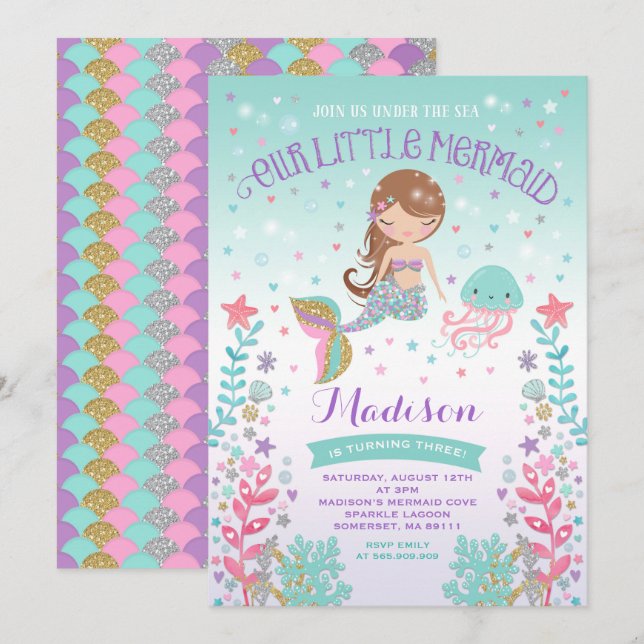 Invitation D'Anniversaire De Sirène Sous La Fête D (Devant / Derrière)