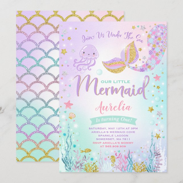 Invitation d'anniversaire de sirène sous la partie (Devant / Derrière)