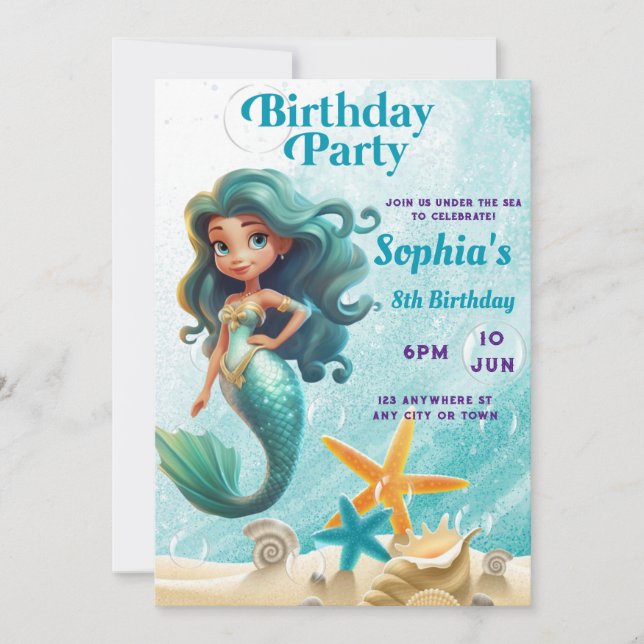 Invitation d'anniversaire de sirène, sous l'Invita (Devant)