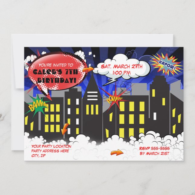 Invitation d'anniversaire de super-héros de bande  (Devant)