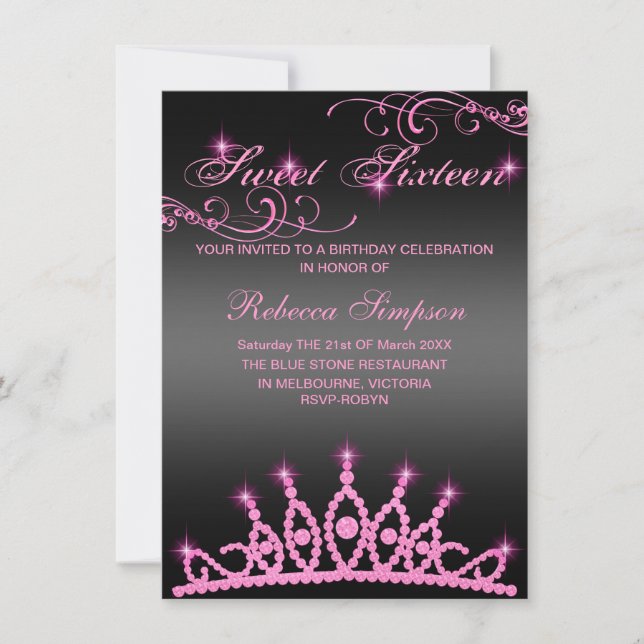 Invitation d'anniversaire de Tiara en rose et noir (Devant)