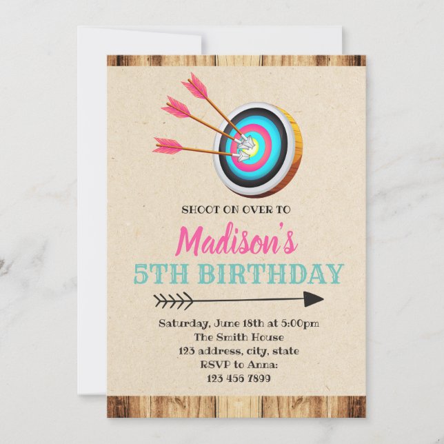 Invitation d'anniversaire de tir à l'arc de fille (Devant)