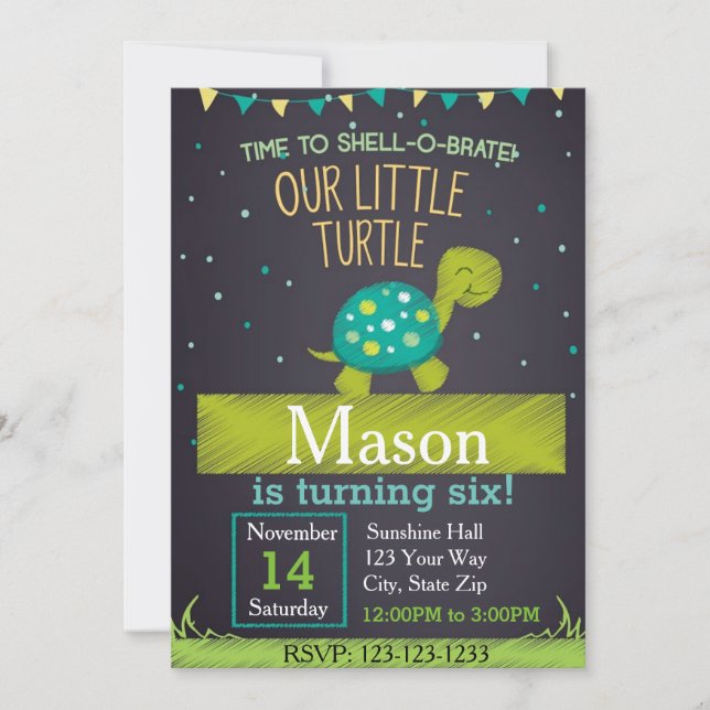 Invitation d'anniversaire de tortue (vert) (Devant)