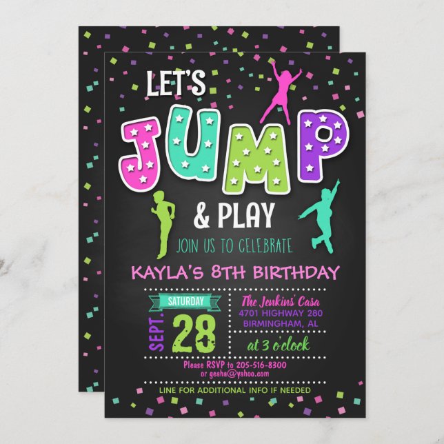 Invitation d'anniversaire de Trampoline - Fille (Devant / Derrière)