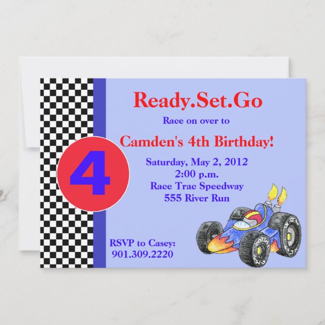 Invitation d'anniversaire de voiture de course (Devant)
