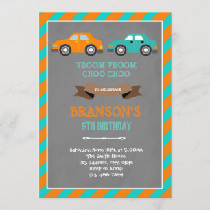Invitation d'anniversaire de voiture orange et tur