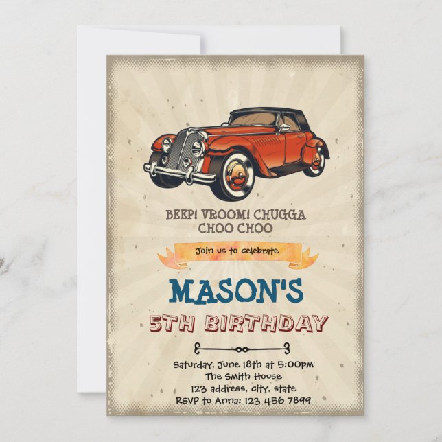 Invitation d'anniversaire de voiture vintage (Devant)