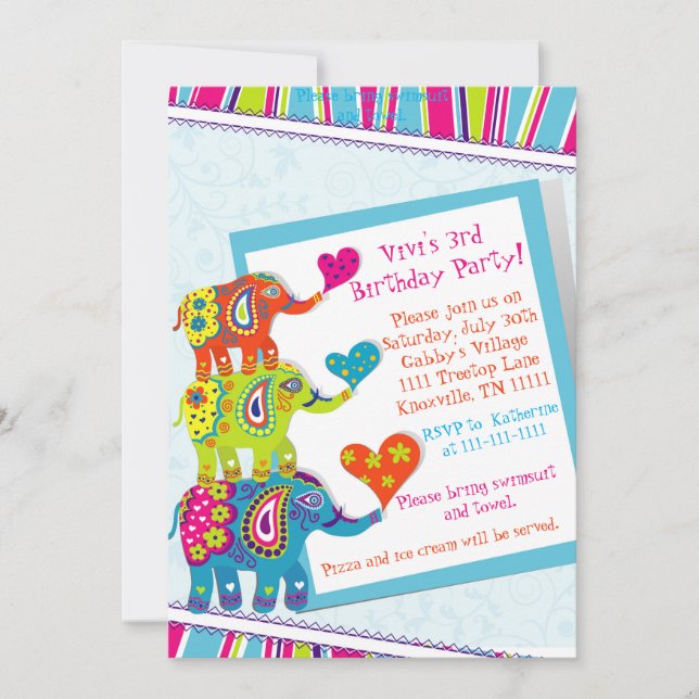 Invitation d'anniversaire d'éléphant coloré (Devant)