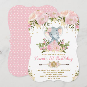Invitation d'anniversaire d'éléphant floral rose e