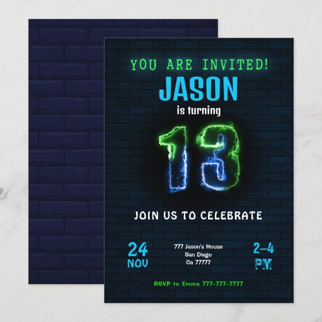 Invitation d'anniversaire des 13 ans pour garçon (Devant / Derrière)