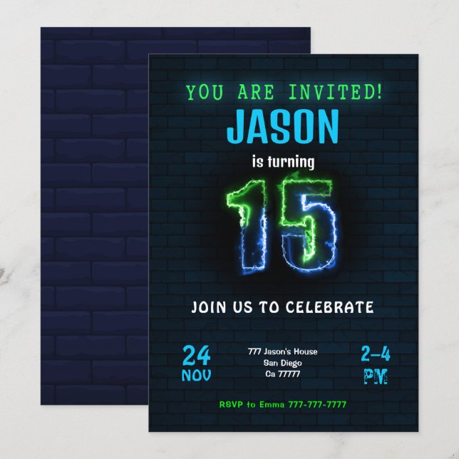 Invitation d'anniversaire des 15 ans d'un garçon (Devant / Derrière)
