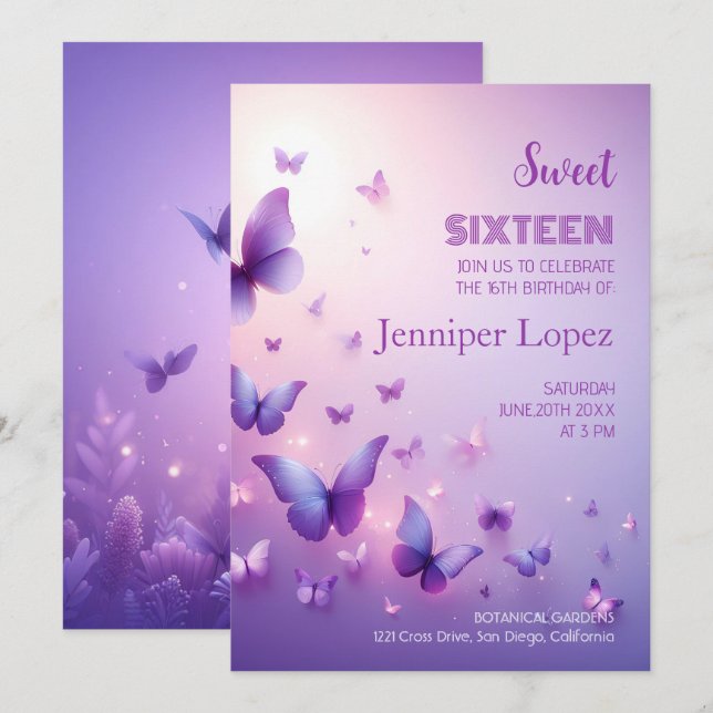 Invitation d'anniversaire des 16 ans - Papillon Vi (Devant / Derrière)