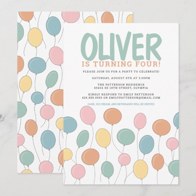 Invitation d'anniversaire des ballons (Devant / Derrière)