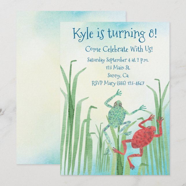 Invitation d'anniversaire des grenouilles d'aquare (Devant / Derrière)