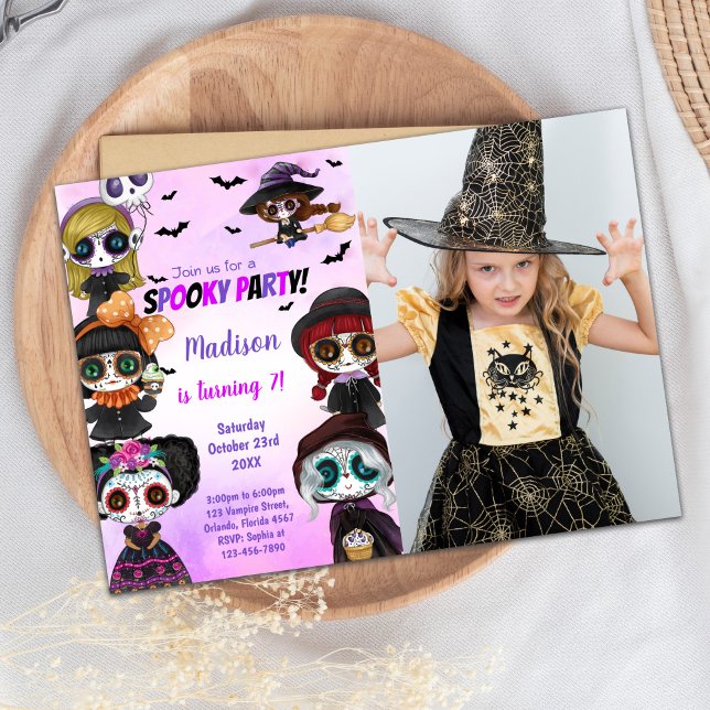 Invitation d'anniversaire d'Halloween violet avec  (Purple Halloween Birthday Invitations with Photo)