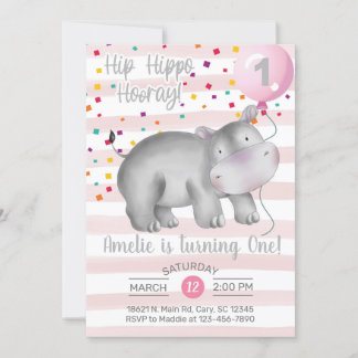 Invitation d'anniversaire d'hippo rose fille, invi