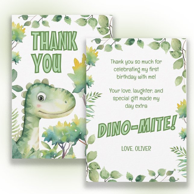 Invitation d'anniversaire Dino-Mite pour le 1er an (Cute dinosaur 1st birthday party "Thank you" card. )