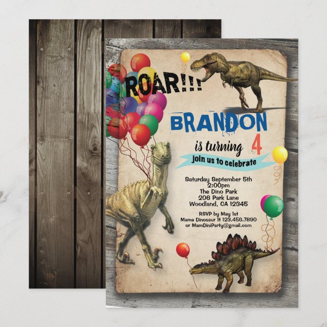 Invitation d'anniversaire Dinosaur rustique réalis (Devant / Derrière)