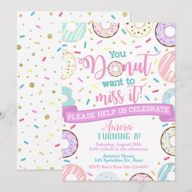 Invitation d'anniversaire Donut Party (Devant / Derrière)