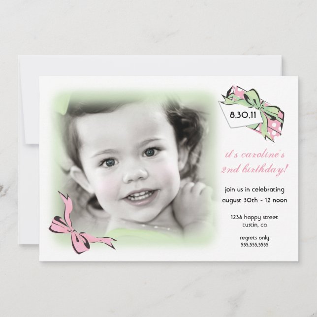 Invitation d'anniversaire douce rose et verte (Devant)