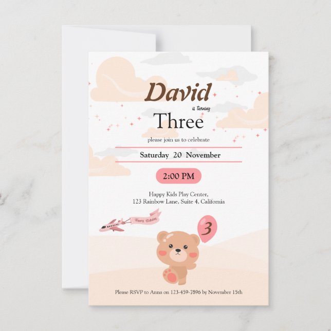 Invitation d'anniversaire d'ours personnalisée pou (Devant)