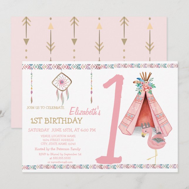 Invitation d'anniversaire Dream Catcher,Flèches,Fl (Devant / Derrière)