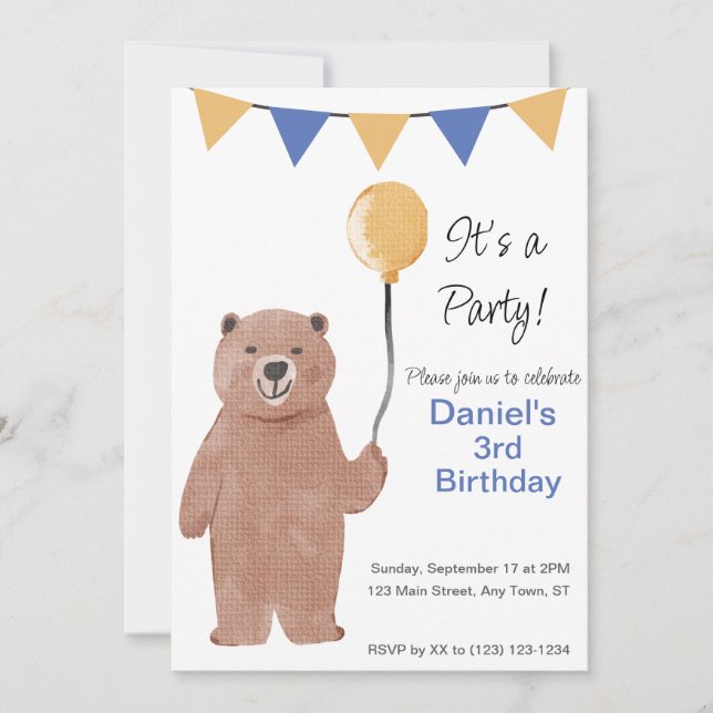 Invitation d'anniversaire du ballon Teddy Bear (Devant)