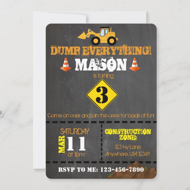 Invitation d'anniversaire du camion de constructio (Devant)