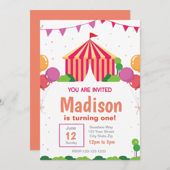 Invitation d'anniversaire du Carnaval rose (Devant / Derrière)