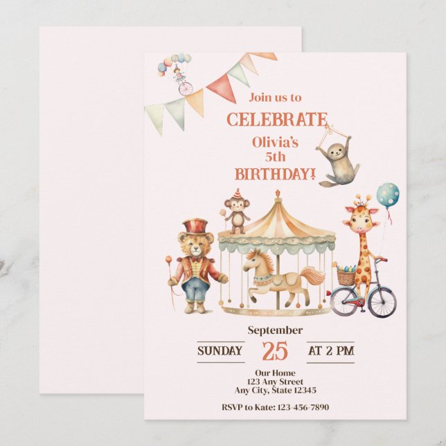 Invitation d'anniversaire du cirque animal (Devant / Derrière)