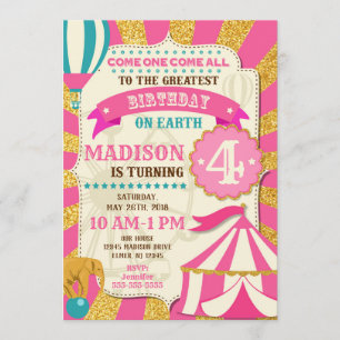 Invitation d'anniversaire du cirque Carnaval Pink 
