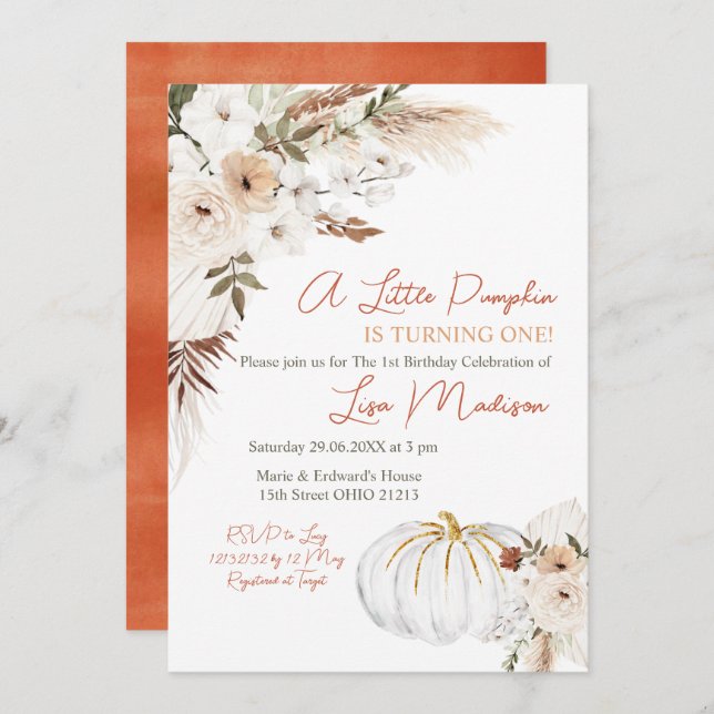 Invitation d'anniversaire du Citrouille de Boho bl (Devant / Derrière)