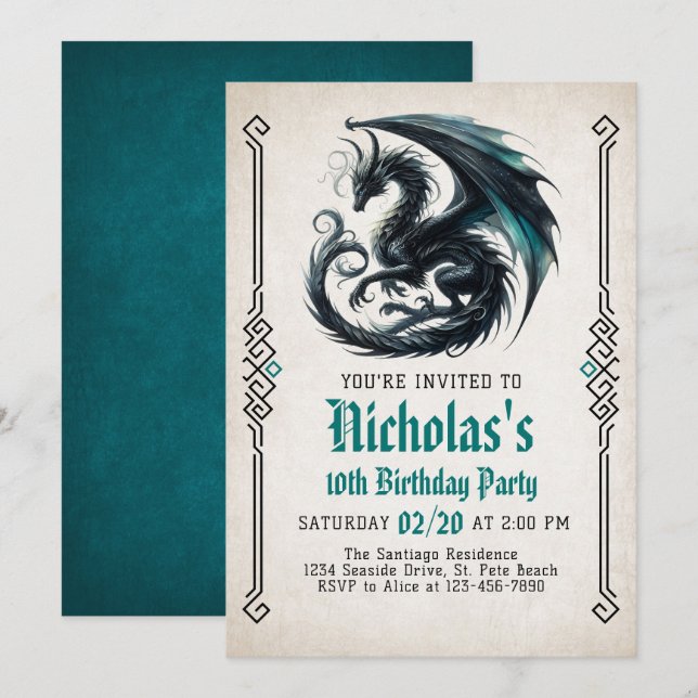 Invitation d'anniversaire du garçon Dragon (Devant / Derrière)