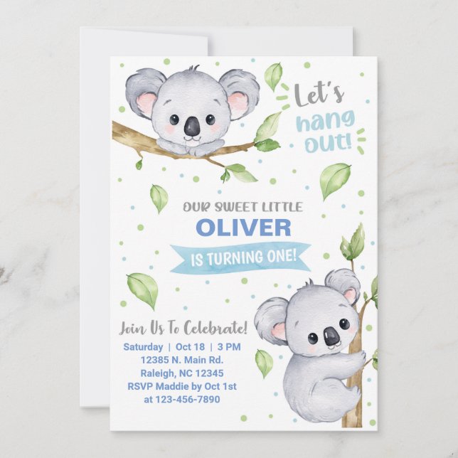 Invitation d'anniversaire du garçon Koala, tout âg (Devant)