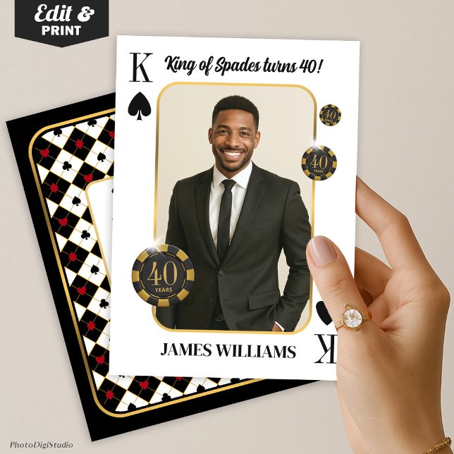 Invitation d'anniversaire du roi des pique, Casino (Custom King of Spades Birthday Invite with Photo, Casino Invitation)